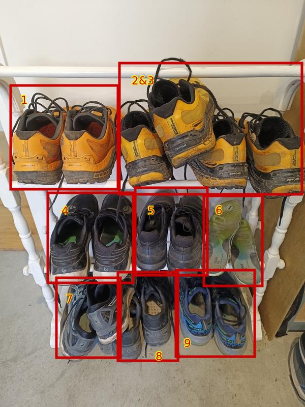 A bunch of running shoes on a rack