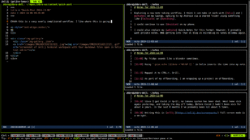 Screenshot of zellij terminal workspace with four markdown files open in helix text editor